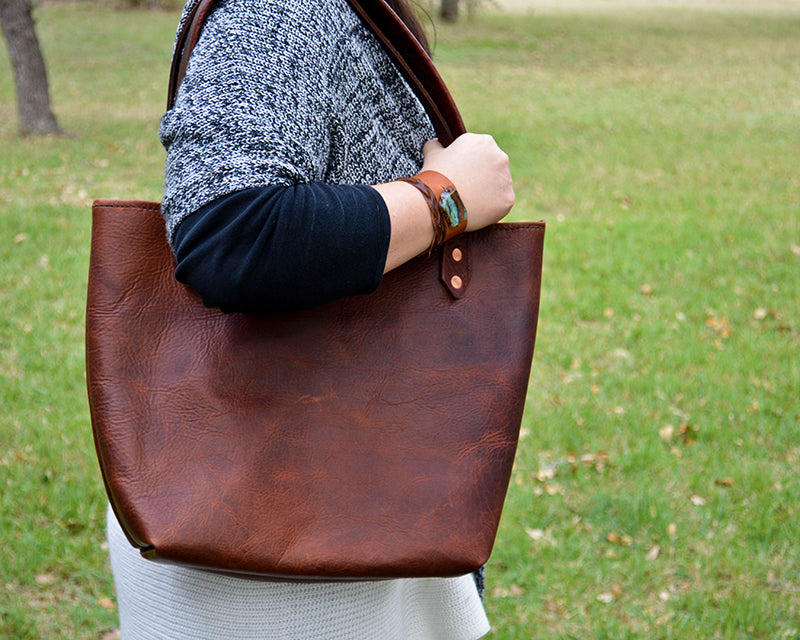 Tanned Cowhide/Stamped Leather Totes from Bear Creek Leather, USA made